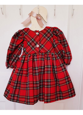 Traditional Red Tartan Broderie Anglaise Baby Girl Dress - Spanish Style