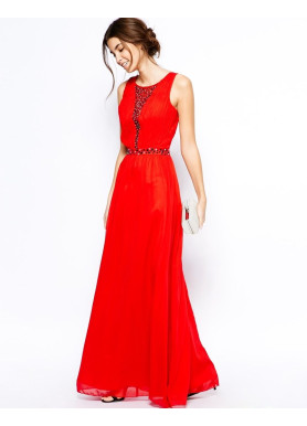 Red Beaded Panel Maxi Evening Dress