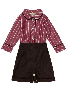 Traditional Spanish-Style Boys Two-Piece Outfit - Burgundy Striped Shirt & Wool Blend Shorts